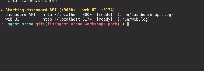 Agent Arena のダッシュボード API がポート 8000 で ready、web UI がポート 5174 で ready と表示されるターミナル出力