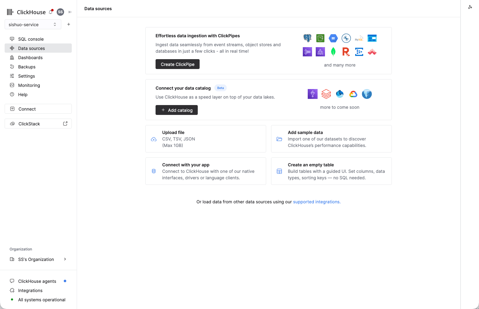 Create ClickPipe 버튼이 강조된 ClickHouse Cloud Data sources 페이지