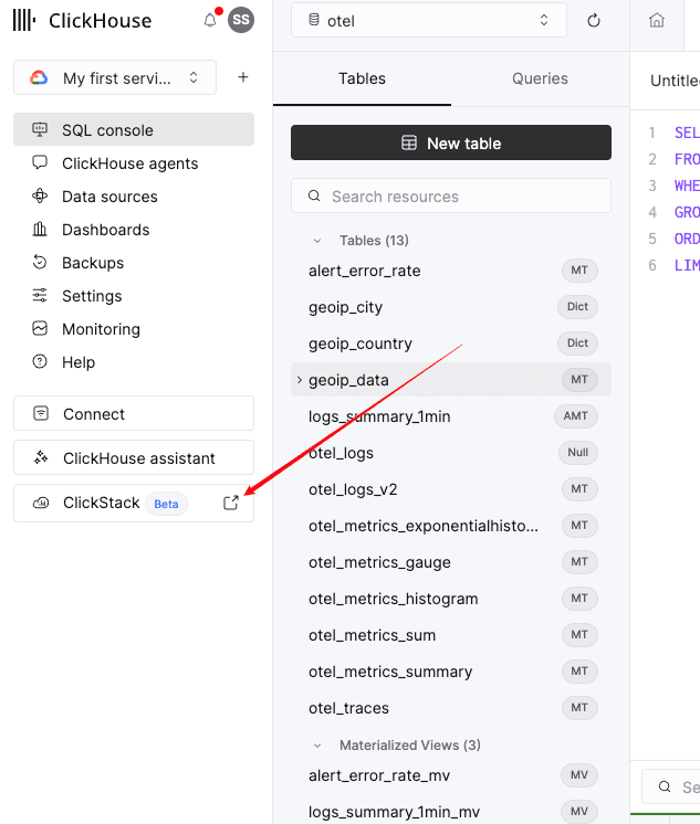 Iniciar ClickStack desde la barra lateral del console de Cloud