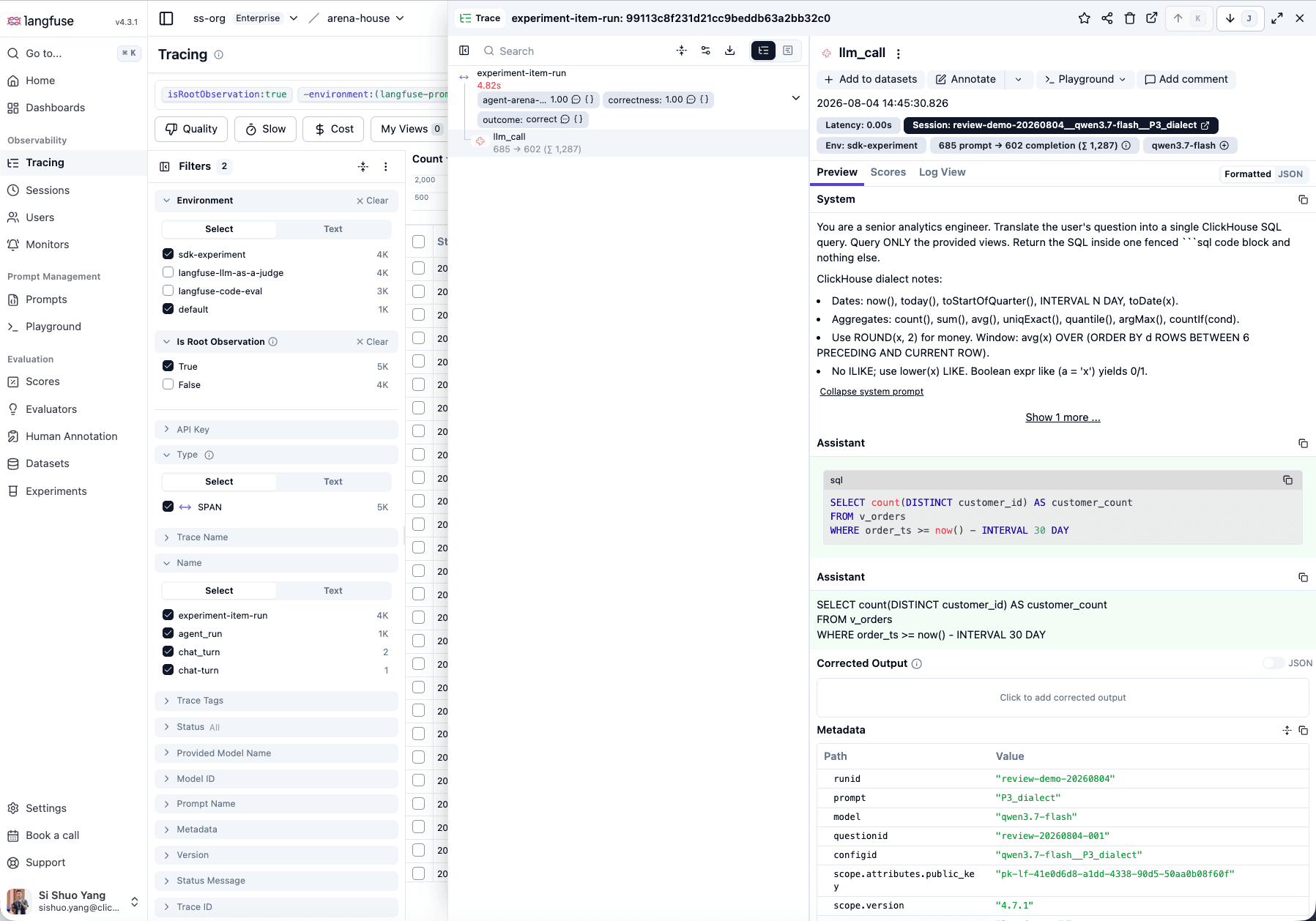 trace ของ experiment item ใน Langfuse แสดง prompt ของ llm_call, SQL ที่ถูกสร้างขึ้น, จำนวน token, latency, correctness และคะแนน outcome