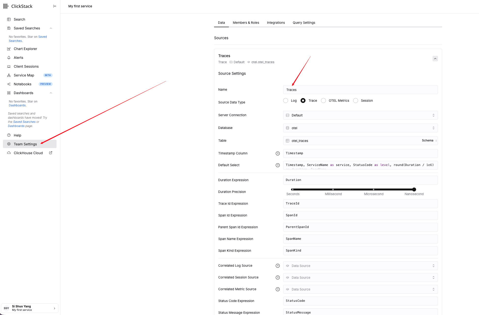Configuración de la fuente de trazas en Team Settings