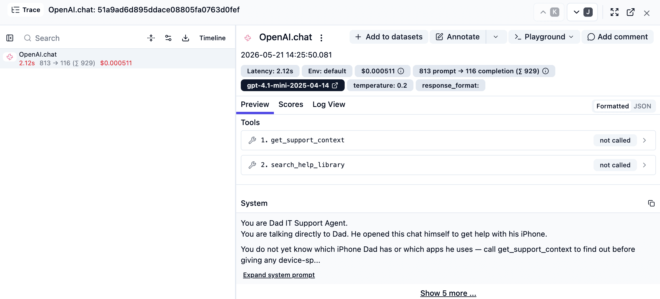 ステップ1後のLangfuse トレースビュー — 各チャットターンは独立したopenai-chat-completion世代として表示されます。