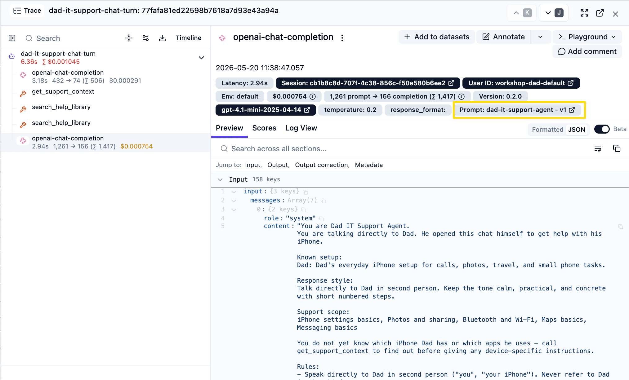 A traced openai-chat-completion with the Prompt badge in the top-right linking back to dad-it-support-agent · v1.
