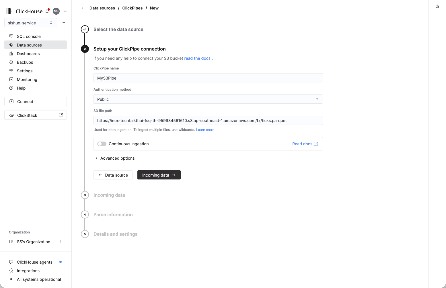 Setup your ClickPipe connection: name, Authentication method를 Public으로 설정, S3 file path 입력 완료