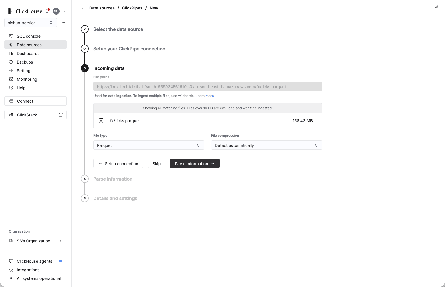 File type이 Parquet으로 설정된 상태에서 fx/ticks.parquet를 158.43 MB로 미리 보여주는 Incoming data 단계