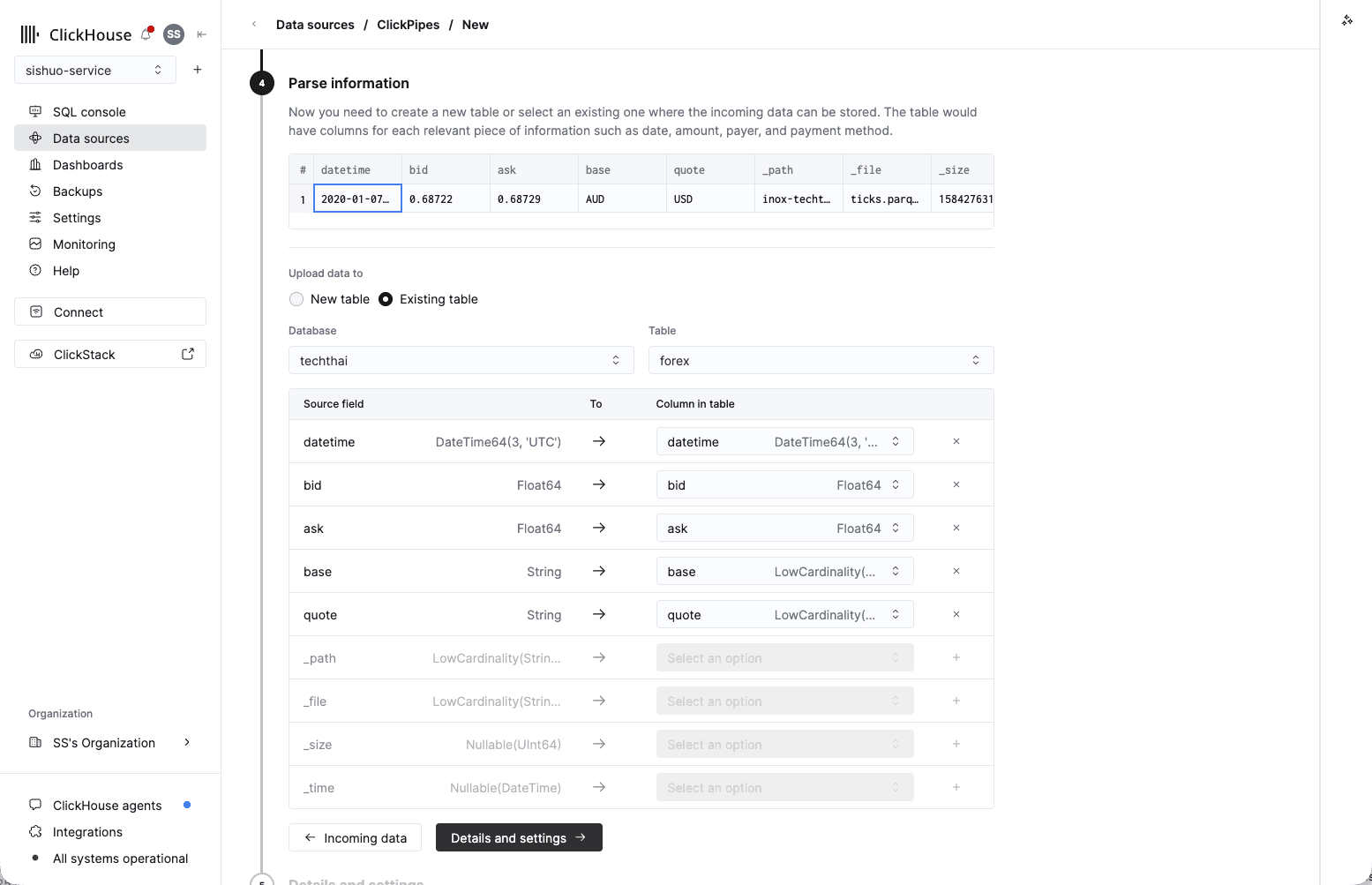 Parse information 단계: Upload data to가 Existing table, 데이터베이스와 forex 테이블이 선택되고 소스 필드가 컬럼에 매핑된 화면