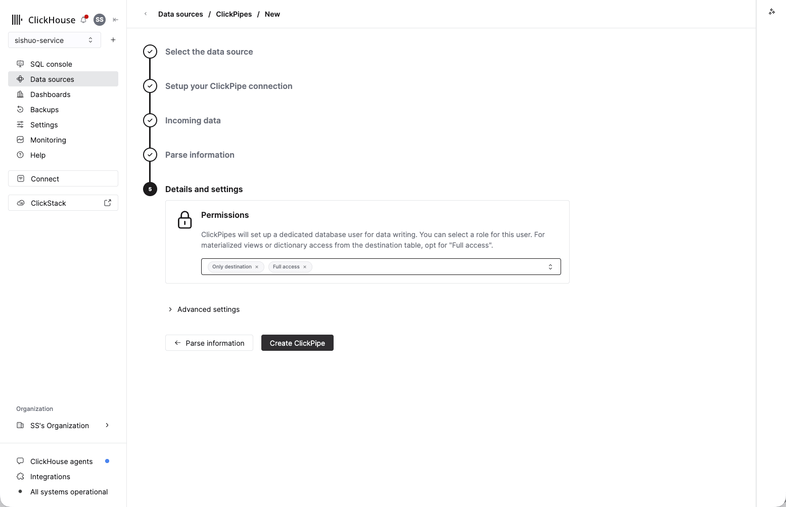 Permissions와 Create ClickPipe 버튼이 보이는 Details and settings 단계