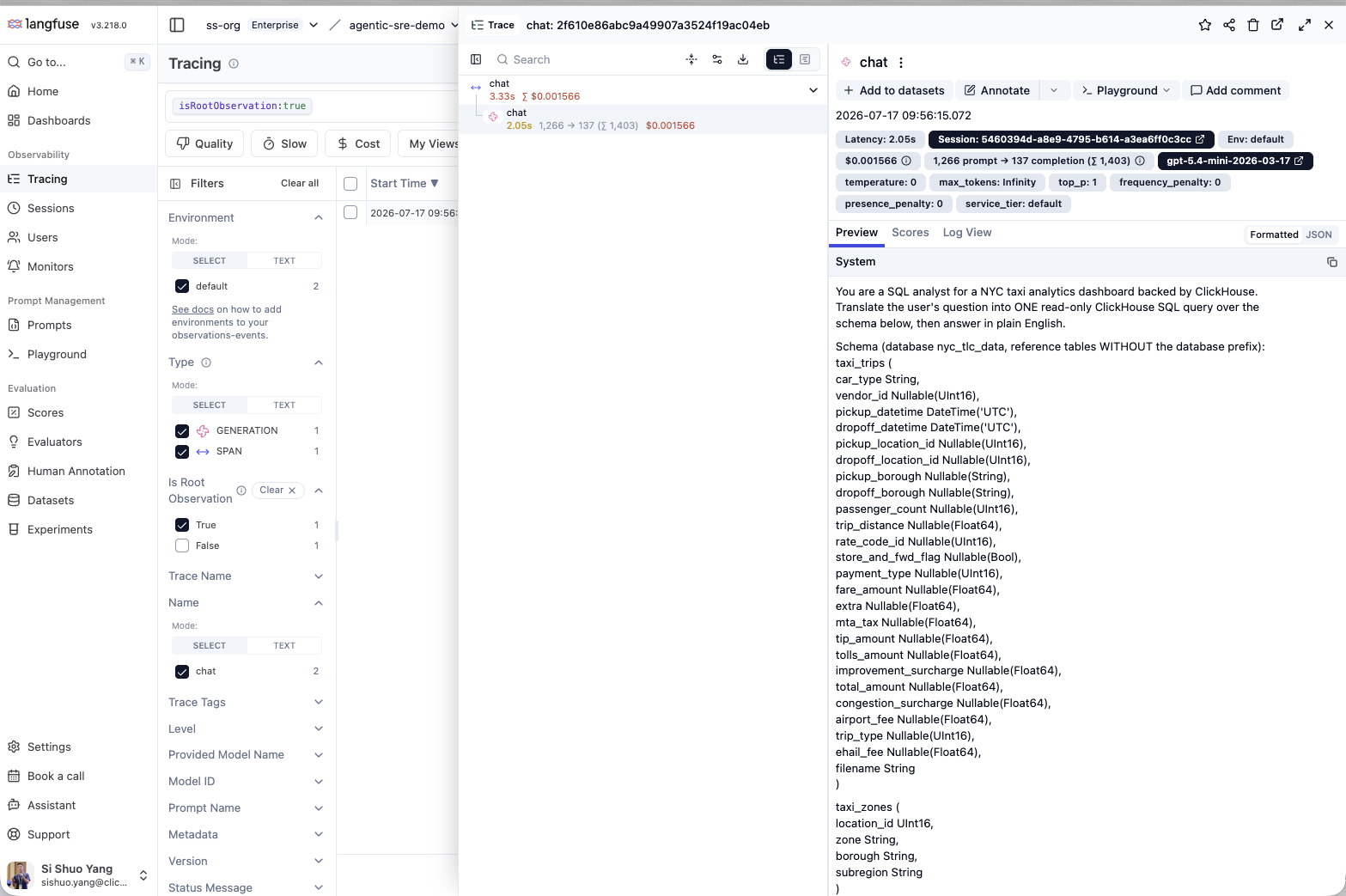 A Langfuse chat trace showing the model call, latency, tokens, cost, prompt, and output