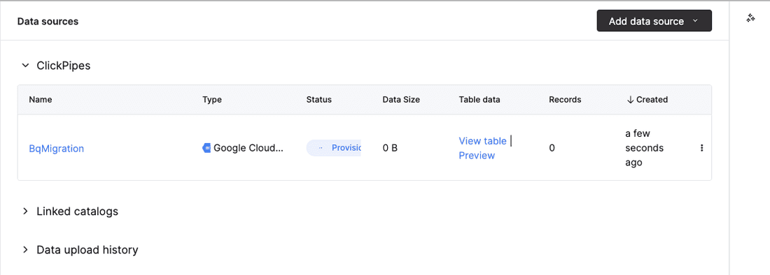 The Data sources list moments after creation, showing the new BqMigration pipe with status Provisioning and 0 records -- expect this to still be in progress, not yet Completed, right after you click Create