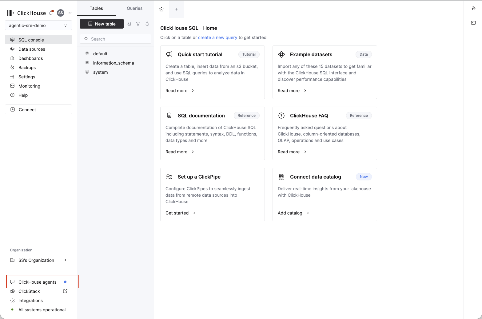 ClickHouse Cloud console with the ClickHouse agents entry highlighted in the left sidebar