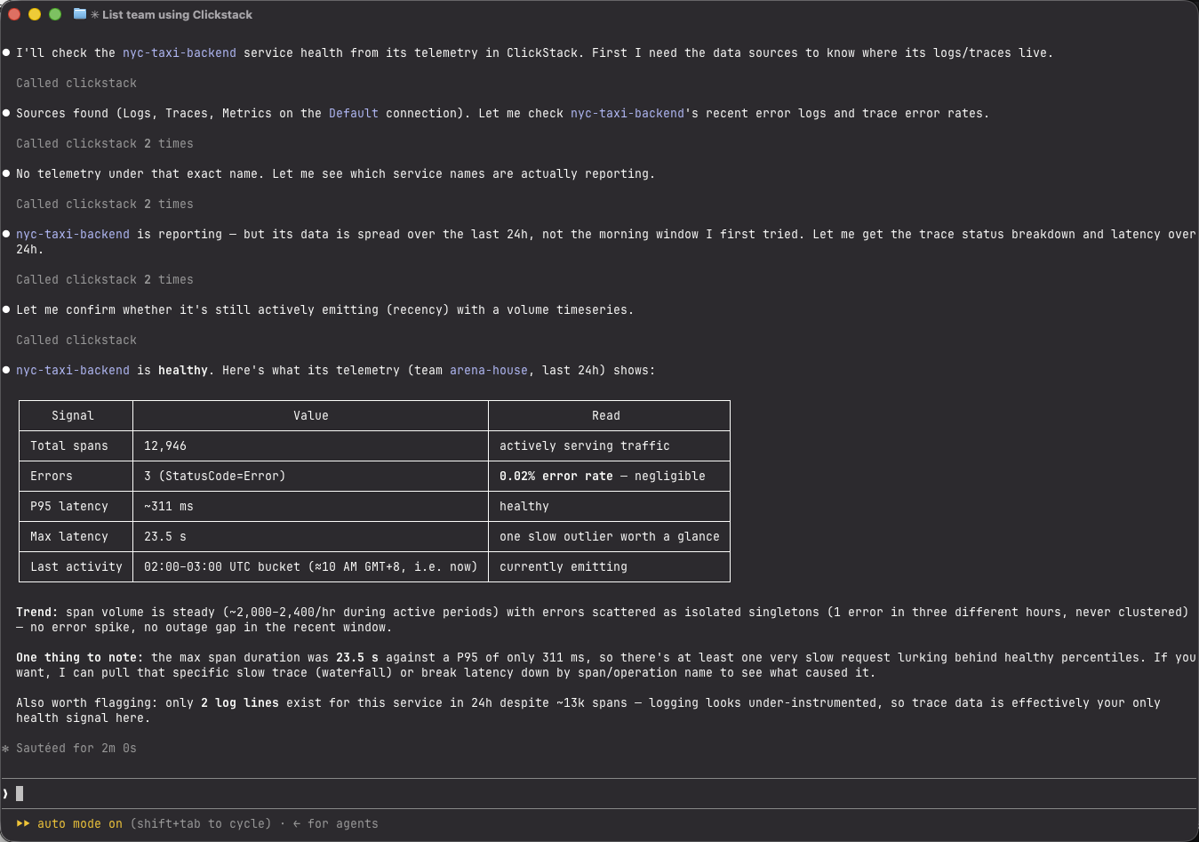 Coding agent calling the ClickStack MCP tools to assess nyc-taxi-backend health, reporting total spans, error rate, p95 and max latency, and last activity in a summary table