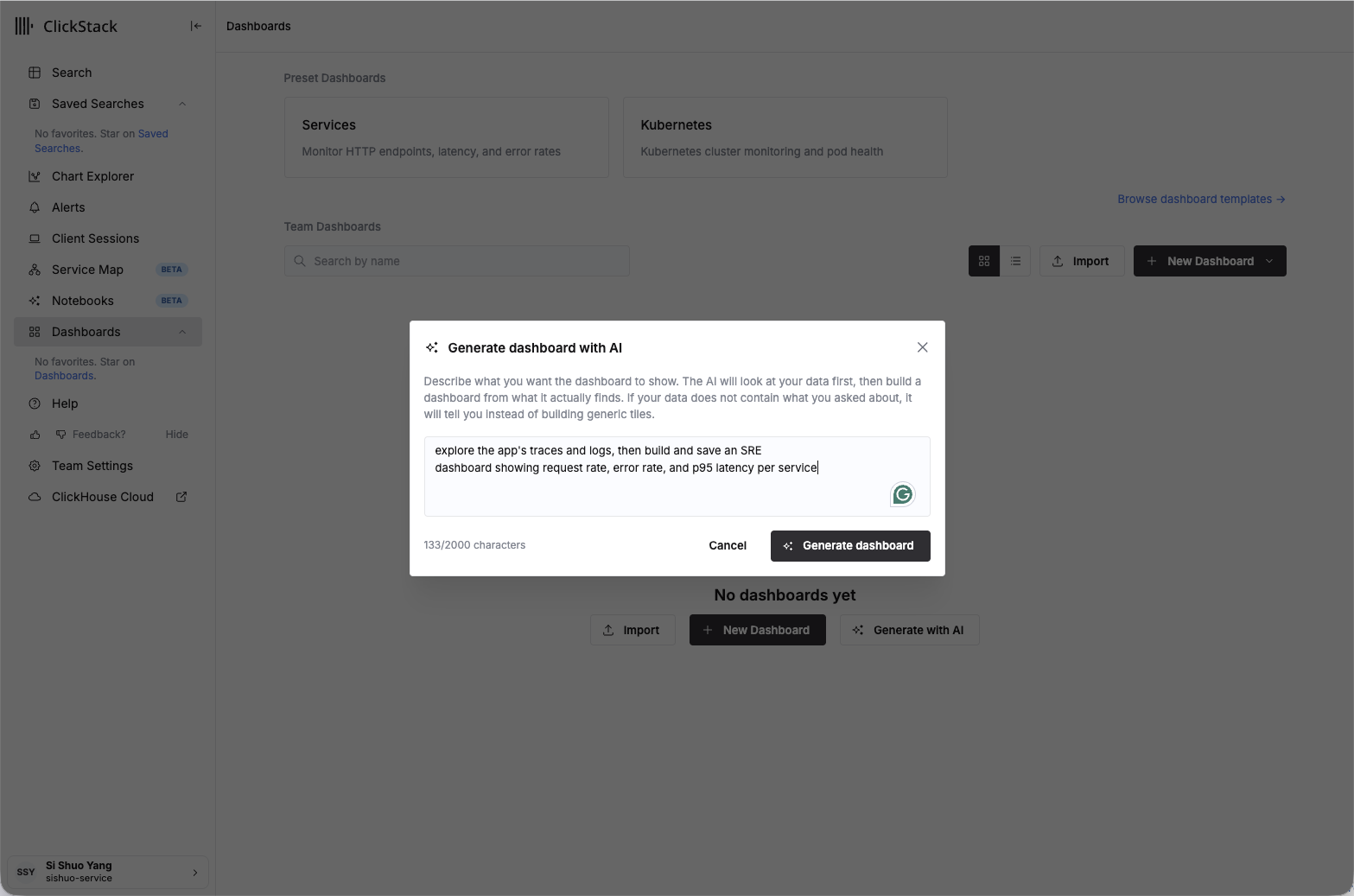 HyperDX Dashboards page with the "Generate dashboard with AI" modal open and the SRE dashboard prompt typed in