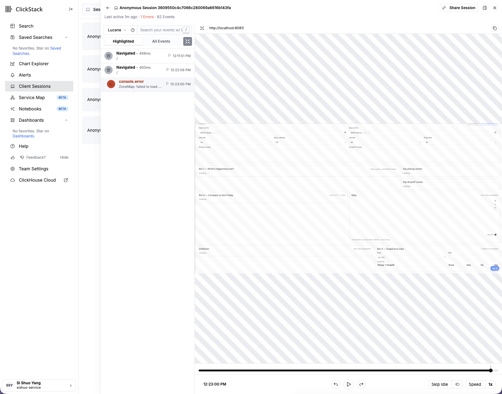 ClickStack Client Sessions showing the frontend error and replay of the empty map