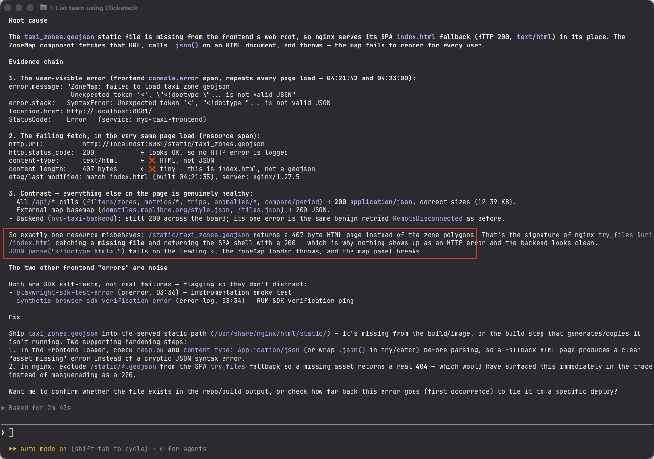 Agent root-cause analysis of fault 01: it names the missing /static/taxi_zones.geojson returning the SPA index.html as 200 text/html, the ZoneMap JSON parse error captured as a nyc-taxi-frontend console.error span, contrasts it against healthy /api and backend spans, flags the SDK self-test errors as noise, and proposes shipping the asset or guarding the parse