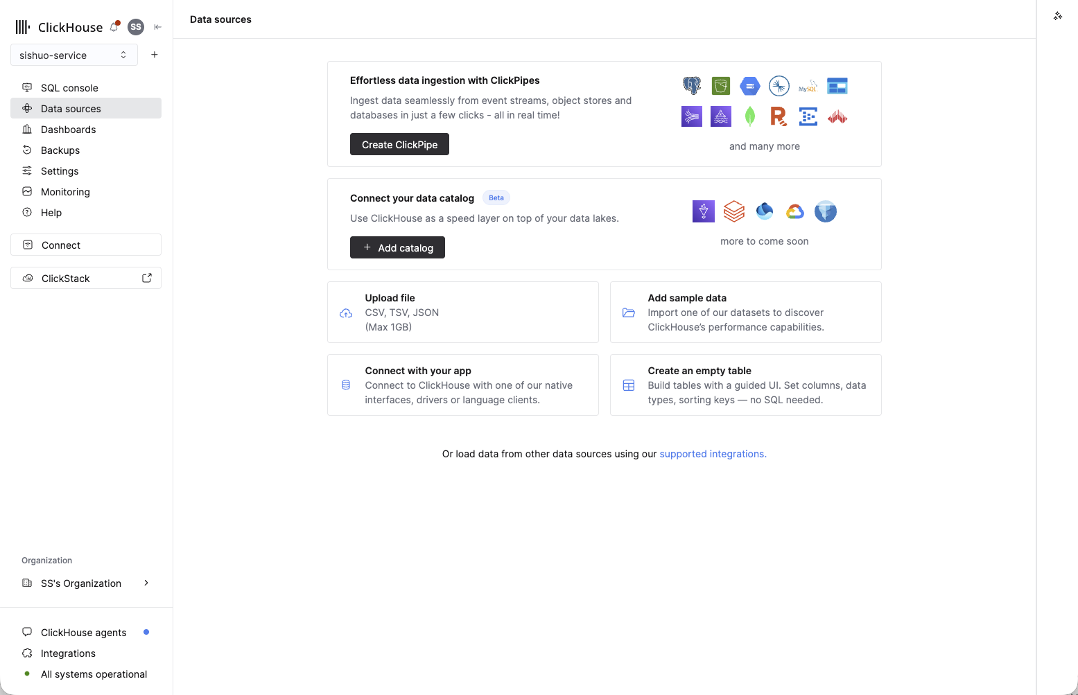 ClickHouse Cloud Data sources page with the Create ClickPipe button highlighted