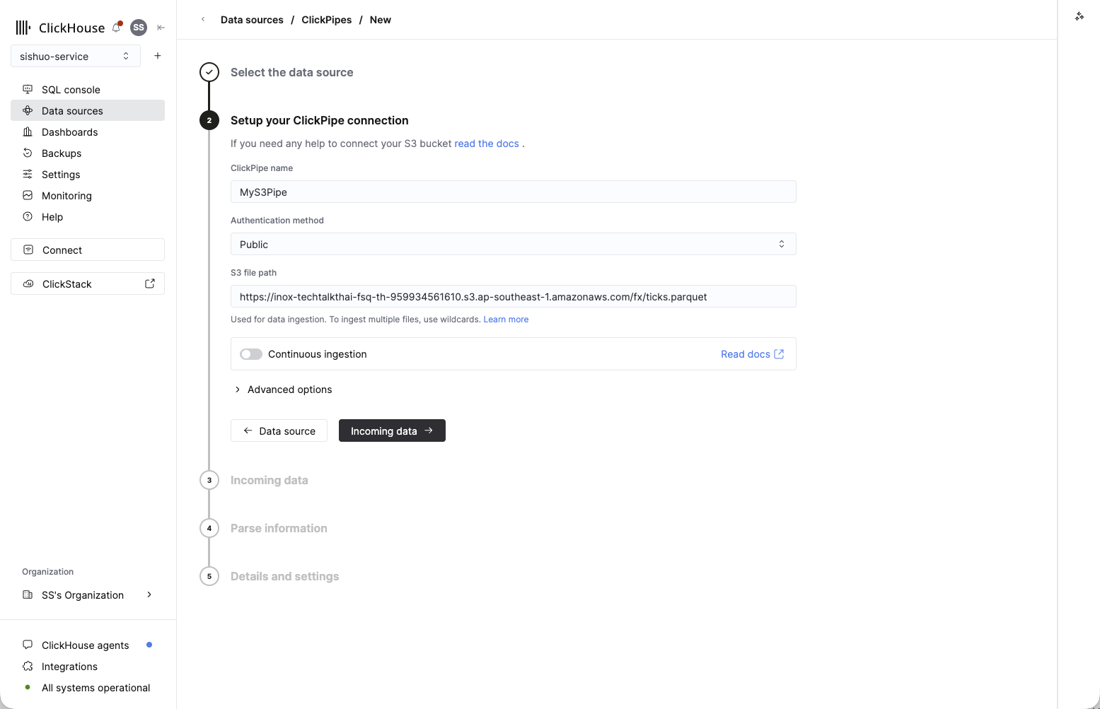 Setup your ClickPipe connection: name, Authentication method set to Public, and the S3 file path filled in