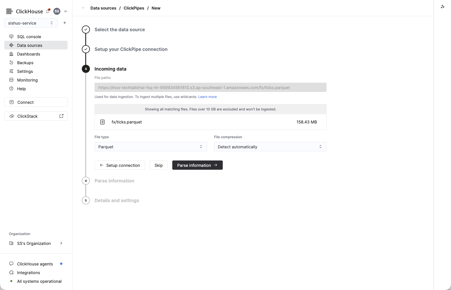 Incoming data step previewing fx/ticks.parquet at 158.43 MB with File type set to Parquet