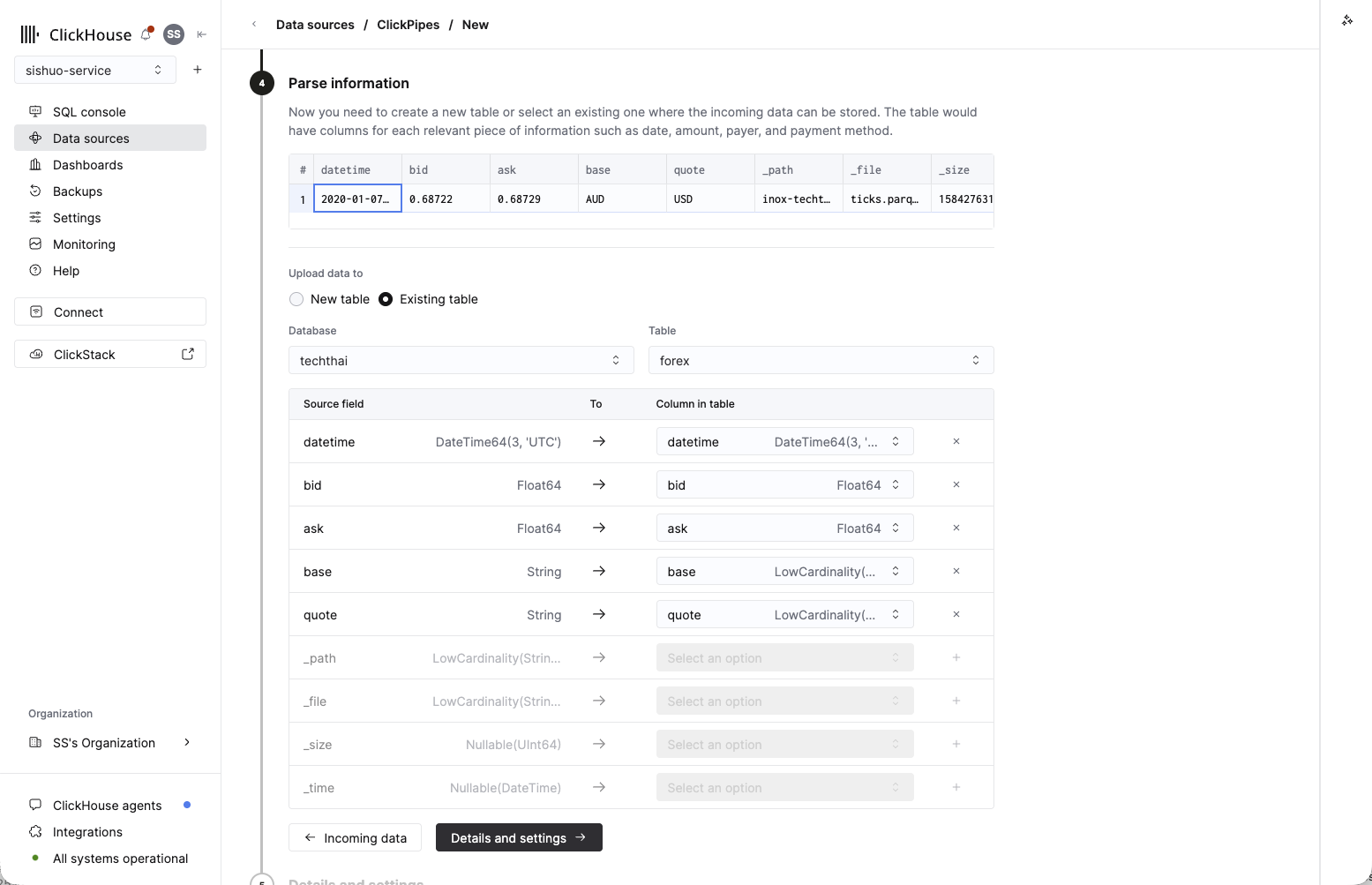 Parse information step: Upload data to Existing table, database and forex table selected, source fields mapped to columns