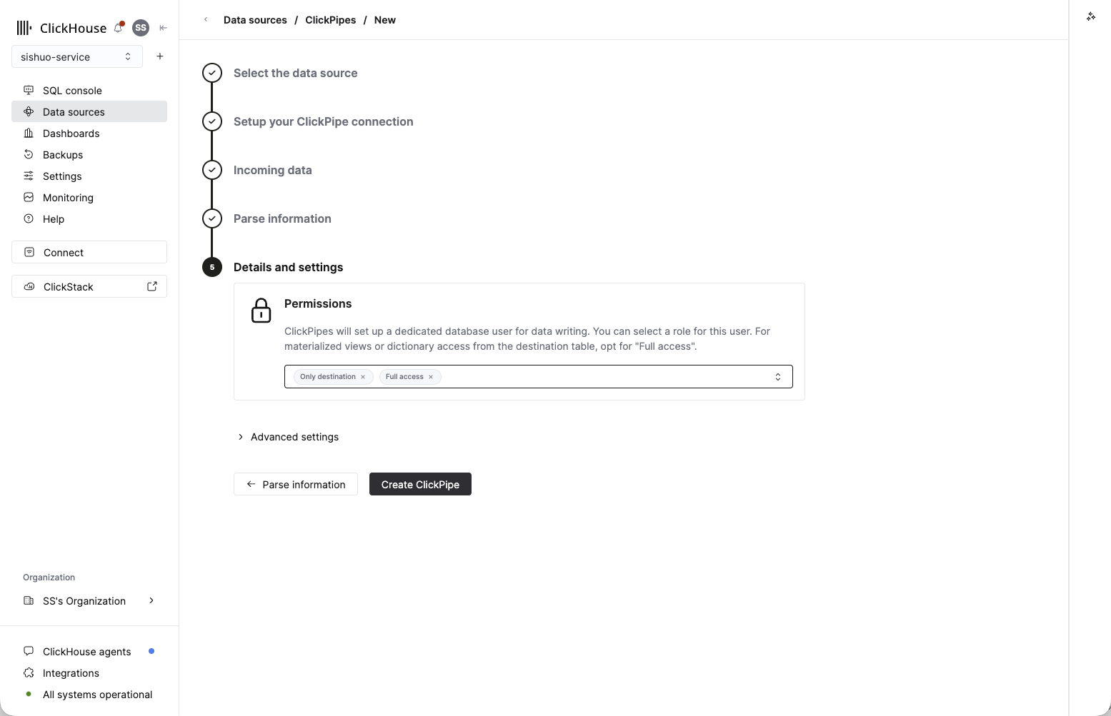 Details and settings step showing Permissions and the Create ClickPipe button