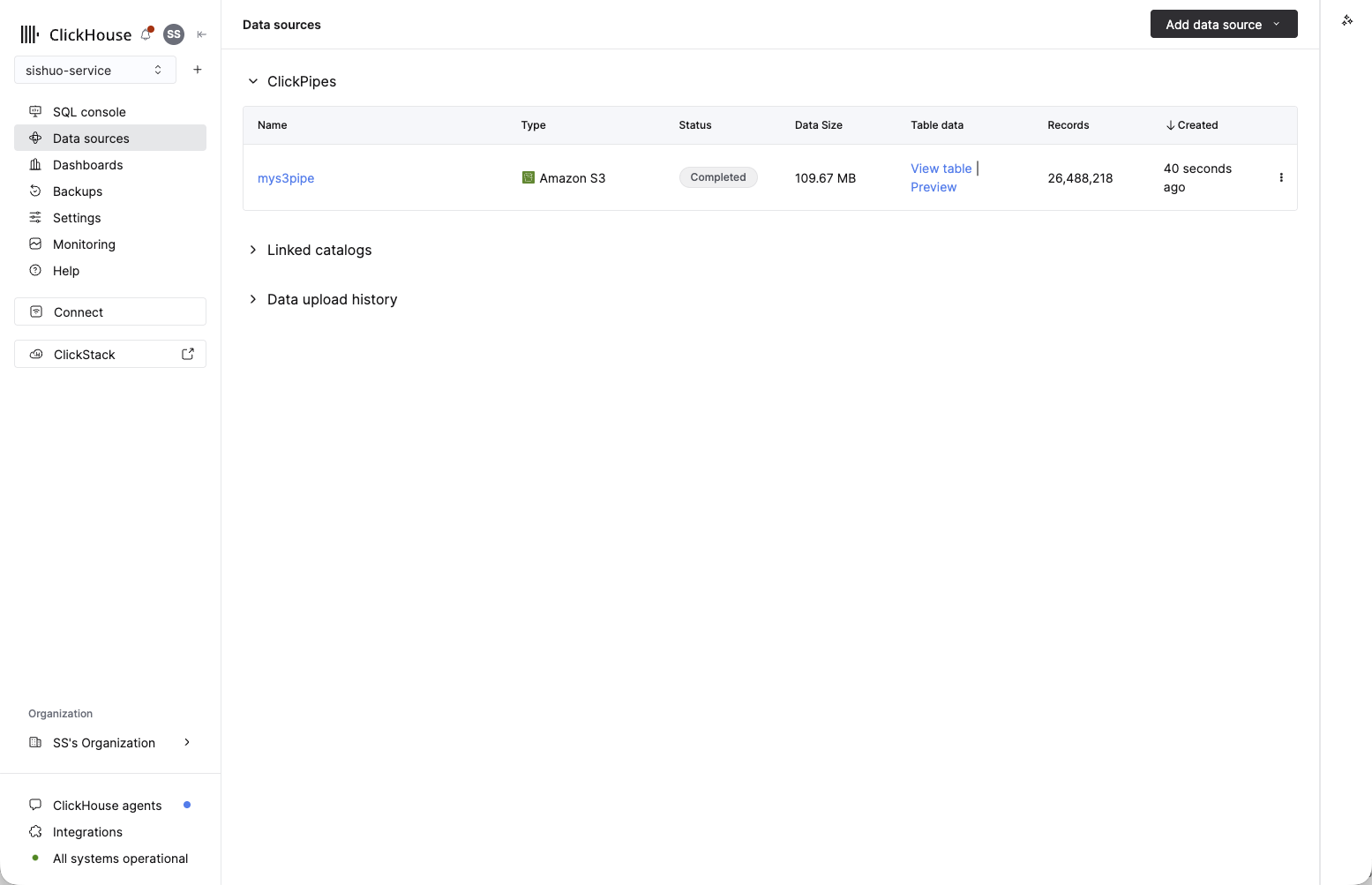 Data sources list showing the ClickPipe with status Completed and 26,488,218 records